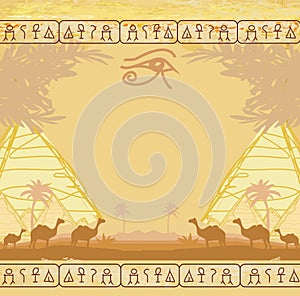 Traditional Horus Eye and camel caravan