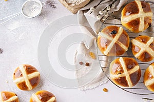 Traditional hot cross buns. Sweet Easter pastry concept