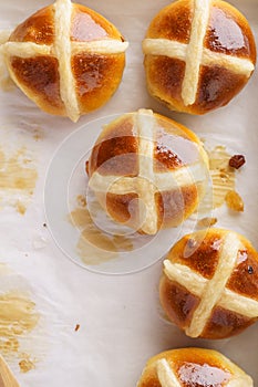 Traditional hot cross buns. Sweet Easter pastry. Top view