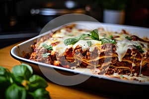 Traditional hot homemade italian lasagna with bolognese sauce and basil just out of the oven