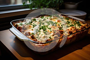 Traditional hot homemade italian lasagna with bolognese sauce and greens just out of the oven