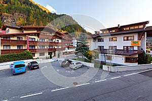 Traditional hotels overlooking the Alps. Town of Soelden, Tyrol, Austria