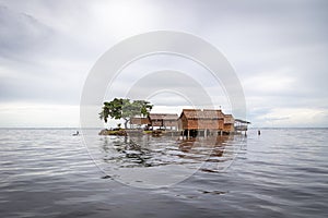 Traditional house on an artificial island in Lau Lagoon, Malaita Province, Solomon Islands.