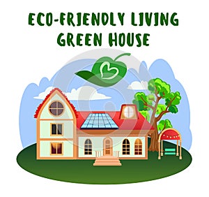 A traditional house with modern electricity system. Solar batteries on a red roof. Green eco friendly living
