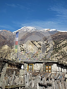 Traditional house, prayer flags, Nepal