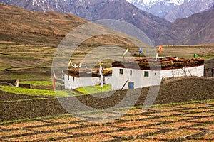 A traditional house with snow capped mountains