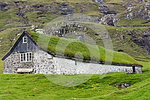 Traditional house with turf roof, Faroe Islands
