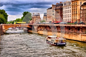 Traditional Houseboat on Seine River, Central Paris, France, Oil Painting Style