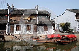 Traditional houses along the Grand Canal, ancient town of Yuehe in Jiaxing, China