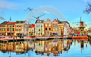 Traditional houses beside a canal in Leiden, the Netherlands photo