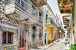 Traditional houses decorated with the scratch patterns in Pyrgi of Chios, Greece