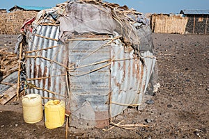 Traditional houses of the El Molo Tribe at the shores of Lake Turkana in Loiyangalani District, Turkana County, Kenya