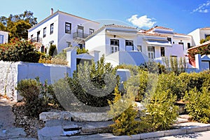 Traditional houses in the old harbour of Spetses island