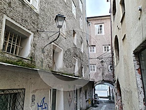 traditional houses at old town street in Salzburg