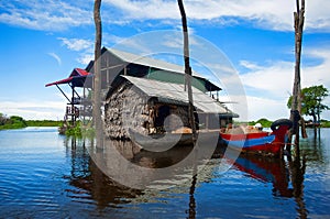 Traditional houses on stilts. Kampong Phluk village Siem Reap, Northern-central Cambodia