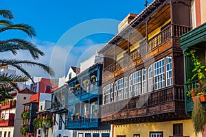 Traditional houses with wooden balconies at Santa Cruz de la Palma, Canary islands, Spain