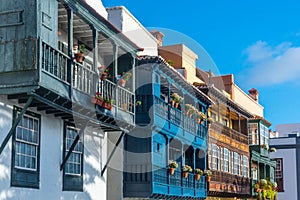 Traditional houses with wooden balconies at Santa Cruz de la Palma, Canary islands, Spain