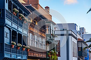 Traditional houses with wooden balconies at Santa Cruz de la Palma, Canary islands, Spain