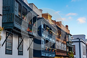 Traditional houses with wooden balconies at Santa Cruz de la Palma, Canary islands, Spain