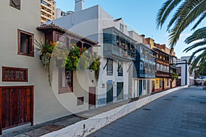 Traditional houses with wooden balconies at Santa Cruz de la Palma, Canary islands, Spain