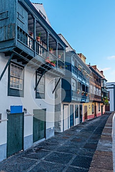 Traditional houses with wooden balconies at Santa Cruz de la Palma, Canary islands, Spain