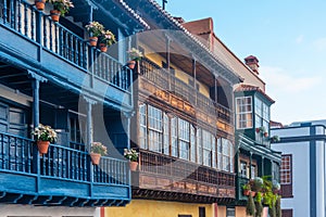 Traditional houses with wooden balconies at Santa Cruz de la Palma, Canary islands, Spain