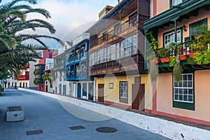 Traditional houses with wooden balconies at Santa Cruz de la Palma, Canary islands, Spain