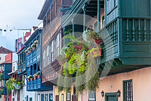 Traditional houses with wooden balconies at Santa Cruz de la Palma, Canary islands, Spain