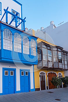 Traditional houses with wooden balconies at Santa Cruz de la Palma, Canary islands, Spain