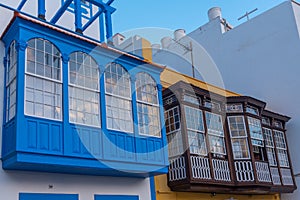 Traditional houses with wooden balconies at Santa Cruz de la Palma, Canary islands, Spain