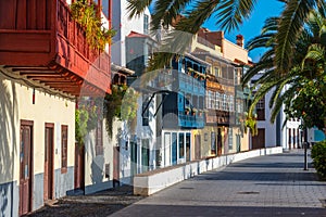 Traditional houses with wooden balconies at Santa Cruz de la Palma, Canary islands, Spain