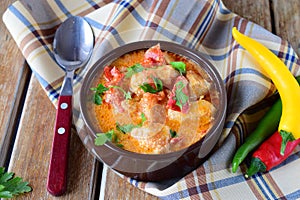 Traditional Hungarian dish witth paprika and chicken in a creamy sause In a ceramic pot. Healthy eating concept.