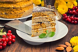 Traditional Hungarian Esterhazy cake .selective focus . with chocolate piece a name of the :