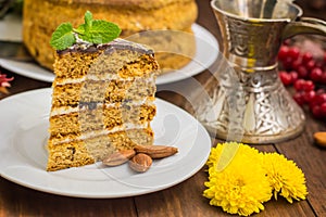 Traditional Hungarian Esterhazy cake .selective focus . with chocolate piece a name of the :