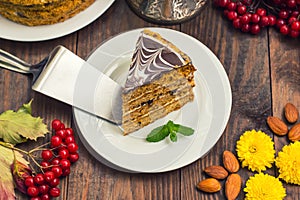 Traditional Hungarian Esterhazy cake .selective focus . with chocolate piece a name of the :