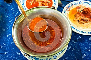 Traditional hungarian fish soup in BogrÃ¡cs