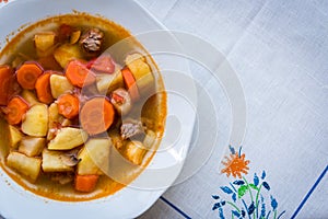 Traditional Hungarian hot goulash soup. Top view