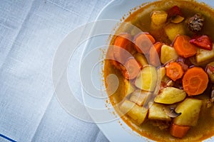 Traditional Hungarian hot goulash soup. Top view