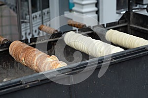 Traditional Hungarian street food. Homemade kurtosh kolac. Homemade trdelnik