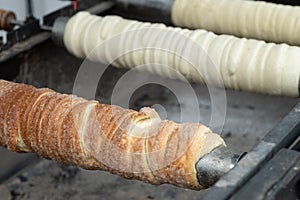 Traditional Hungarian street food. Homemade kurtosh kolac. Homemade trdelnik