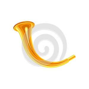 Traditional hunting horn in golden color. Vintage brass musical instrument. Simple icon in flat style. Cartoon vector