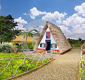 Traditional hut houses and garden of Madeira in village Santana.