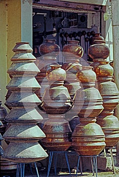 Traditional Hyderabadi copper utensils and Brass vessels in a street market.near Charminar