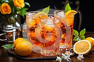 Traditional iced tea with lemon in tall glasses. Generative AI