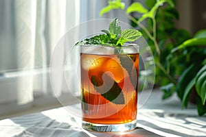 Traditional iced tea with mint, lemon and ice in tall glass. Summer drinks. Generative AI