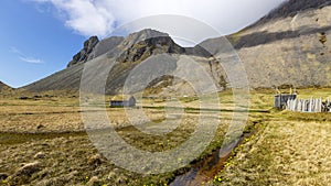 Traditional icelandic home ruines near Vestrahorn in Iceland