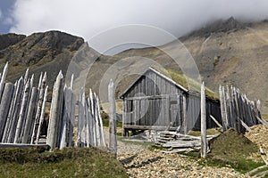 Traditional icelandic homes near Vestrahorn in Iceland
