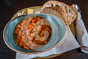 Traditional Icelandic lamb soup, bread and butter, indoor, Iceland