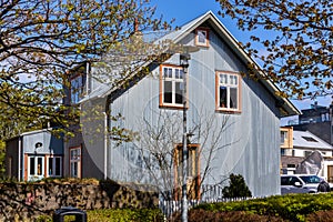 Traditional Icelandic residential building with gable roof, white window frames, Reykjavik, Iceland