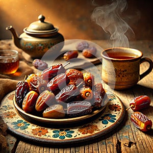Traditional Iftar or Suhoor Setting: Dates, Tea, and Teapot on a Rustic Wooden Table AI-GENERATED